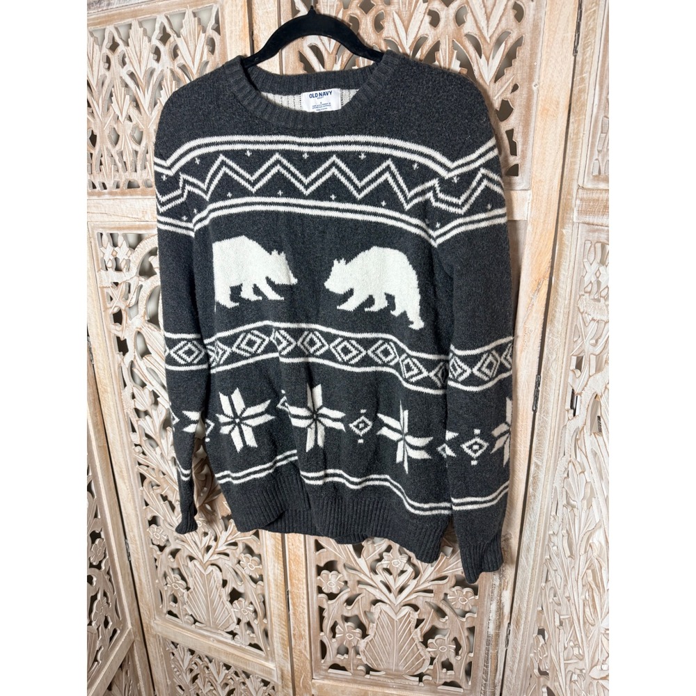 Old Navy SoSoft Mens Small Gray Polar Bear Fair Isle Crew Neck Sweater